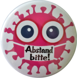 Abstand halten bitte Button / Gemeinsam gegen Corona Virus pink